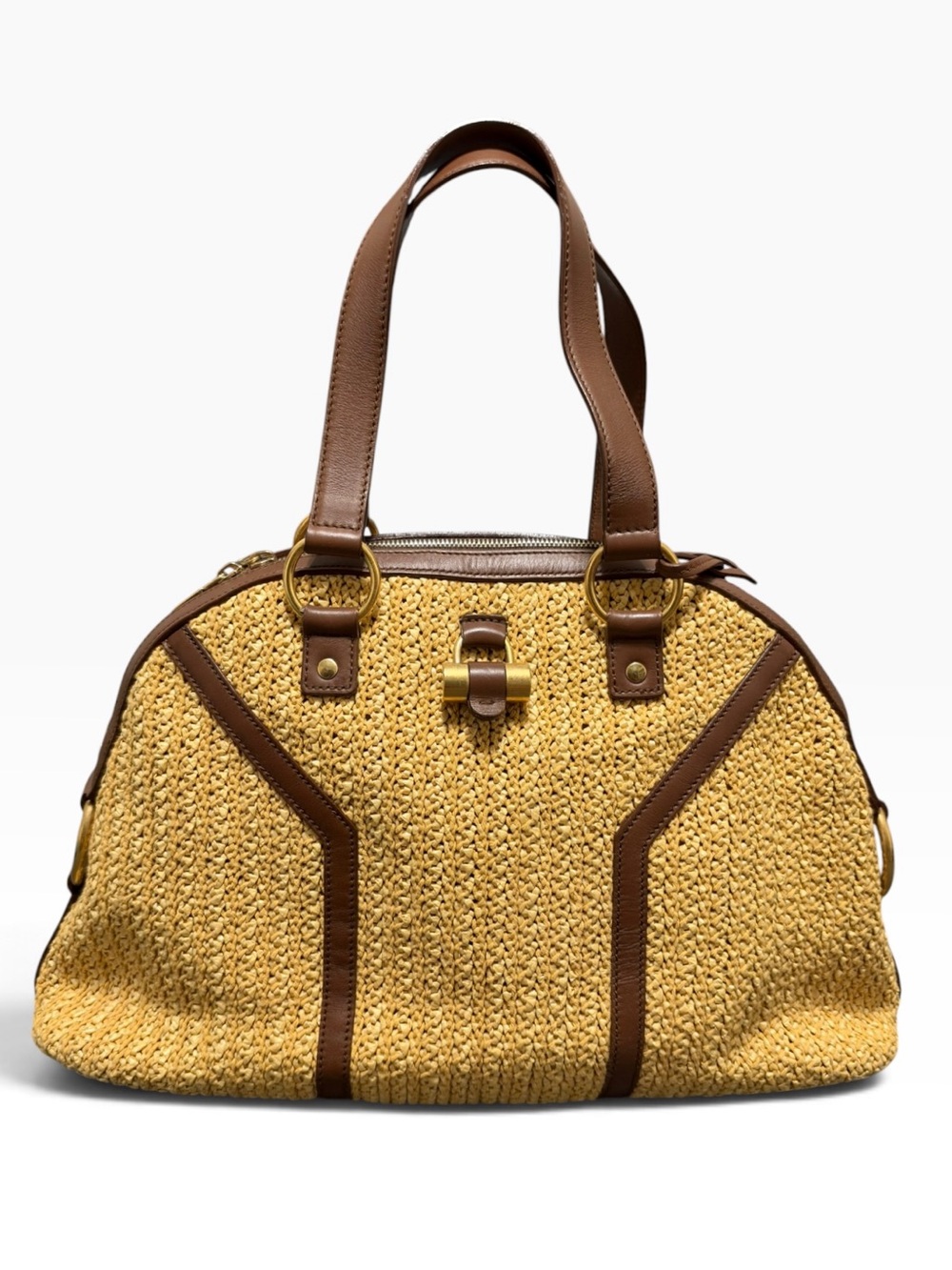 Yvea Saint Laurent YSL Muse Raffia Woven Straw Brown Leather Hand Bag